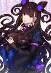  1girl bangs black_dress breasts brown_hair calligraphy_brush commentary_request dress eyebrows_visible_through_hair fate/grand_order fate_(series) fingernails hair_ornament hand_up highres holding holding_paintbrush juliet_sleeves karokuchitose large_breasts long_hair long_sleeves looking_at_viewer murasaki_shikibu_(fate) paintbrush parted_lips puffy_sleeves sleeves_past_wrists solo striped two_side_up vertical-striped_dress vertical_stripes very_long_hair violet_eyes wide_sleeves 