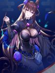  1girl bangs black_dress blue_background blush breasts brown_hair commentary_request dress eyebrows_visible_through_hair fate/grand_order fate_(series) hair_between_eyes hair_ornament head_tilt highres holding holding_paintbrush juliet_sleeves large_breasts long_hair long_sleeves looking_at_viewer murasaki_shikibu_(fate) paintbrush parted_lips puffy_sleeves ririko_(zhuoyandesailaer) sidelocks sleeves_past_wrists solo striped two_side_up vertical-striped_dress vertical_stripes very_long_hair violet_eyes wide_sleeves 