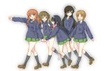  5girls :d ahoge akiyama_yukari alternate_legwear backpack bag bangs black_eyes black_hair black_legwear blue_coat blunt_bangs brown_eyes brown_footwear brown_hair commentary eyebrows_visible_through_hair girls_und_panzer green_skirt hairband isuzu_hana kumasawa_(dkdkr) light_blush loafers long_hair long_sleeves looking_at_another looking_back messy_hair miniskirt multiple_girls nishizumi_miho ooarai_school_uniform open_mouth orange_eyes orange_hair pleated_skirt reizei_mako school_uniform shoes short_hair skirt smile socks standing takebe_saori walking white_hairband winter_uniform 