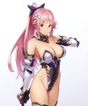 1girl armpits black_bow boots bow breasts brown_eyes cleavage closed_mouth commentary_request cowboy_shot flower greaves hair_bow hair_flower hair_ornament highleg highleg_leotard highres holding holding_sword holding_weapon houtengeki knight leotard long_hair looking_at_viewer medium_breasts original pink_hair ponytail revealing_clothes sideboob simple_background smile solo standing sword thigh-highs thigh_boots weapon white_background 