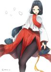  :o bad_anatomy black_hair black_legwear blue_eyes breasts fan hikage_(sennen_sensou_aigis) holding holding_fan long_hair long_sleeves looking_at_viewer low-tied_long_hair pantyhose red_skirt sennen_sensou_aigis sidelocks simple_background skirt standing thighs thousa_01 twitter_username very_long_hair white_background 