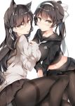  2girls animal_ears atago_(azur_lane) atago_(school_daydream)_(azur_lane) azur_lane bangs black_hair black_legwear black_serafuku black_skirt blush bow breasts closed_mouth extra_ears eyebrows_visible_through_hair hand_on_own_chest highres large_breasts long_hair looking_at_viewer midriff mole mole_under_eye multiple_girls open_mouth panties panties_under_pantyhose pantyhose pleated_skirt ponytail ribbon sailor_collar school_uniform serafuku sidelocks simple_background sitting skirt sunoril swept_bangs takao_(academy_romantica)_(azur_lane) takao_(azur_lane) thighband_pantyhose underwear very_long_hair white_background white_neckwear white_ribbon 