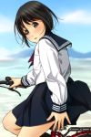  1girl bangs bicycle black_hair black_sailor_collar black_skirt blue_sky blurry blurry_background blush brown_eyes clouds commentary day depth_of_field eyebrows_visible_through_hair fingernails ground_vehicle hair_between_eyes head_tilt highres long_sleeves looking_at_viewer looking_to_the_side matsunaga_kouyou original outdoors parted_lips pleated_skirt red_neckwear sailor_collar school_uniform serafuku shirt skirt sky sleeves_past_wrists solo upper_teeth white_shirt 