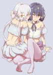  2girls ;( bare_shoulders black_hair blue_ribbon blush bow closed_eyes closed_mouth facing_viewer female full_body grey_background hair_between_eyes hair_bow hair_ornament highres imminent_kiss konno_junko low_twintails midriff mizuno_ai multiple_girls neck_ribbon no_shoes one_eye_closed pantyhose red_eyes ribbon seiza short_hair simple_background sitting twintails white_bow white_hair white_legwear wince yamanori_(yamanori56) yuri zombie_land_saga 