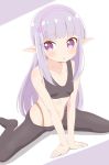  1girl arm_support bangs bare_arms bare_shoulders black_legwear bra breasts collarbone commentary crop_top elf elnowar_seylan endro! eyebrows_visible_through_hair flower hair_flower hair_ornament hairband highres leaning_forward long_hair looking_at_viewer pantyhose parted_lips pointy_ears purple_flower purple_hair purple_hairband small_breasts solo spread_legs training_bra trg-_(sain) underwear very_long_hair violet_eyes white_background 