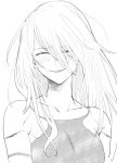  1girl arms_at_sides bangs blush closed_eyes commentary_request greyscale grin hair_between_eyes long_bangs long_hair mellow_rag mole mole_under_mouth monochrome nier_(series) nier_automata simple_background smile solo upper_body yorha_type_a_no._2 