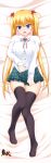 1girl absurdres akizuki_airi bed_sheet black_legwear blonde_hair blue_eyes blush copyright_name dakimakura dress_shirt embarrassed eyebrows_visible_through_hair frilled_ribbon frills from_above full_body hair_ribbon highres long_hair long_sleeves looking_at_viewer lying miniskirt neck_ribbon on_back oni_chichi open_mouth pink_ribbon pleated_skirt red_ribbon ribbon school_uniform shiny shiny_skin shirt shirt_tug skirt skirt_tug solo striped striped_skirt thigh-highs twintails v-shaped_eyebrows very_long_hair white_shirt zettai_ryouiki