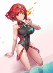  1girl absurdres bangs black_swimsuit breasts casual_one-piece_swimsuit competition_swimsuit covered_navel earrings fire headpiece highleg highleg_swimsuit highres pyra_(xenoblade) jewelry kiiro_kimi large_breasts looking_at_viewer nintendo one-piece_swimsuit red_eyes redhead short_hair shoulder_armor smile solo swept_bangs swimsuit tiara xenoblade_(series) xenoblade_2 