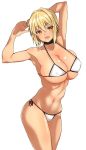 1girl armpits arms_behind_head bikini blonde_hair breasts brown_eyes choker cleavage commentary_request cowboy_shot erect_nipples hair_intakes kokechan large_breasts looking_at_viewer micro_bikini navel open_mouth original short_hair smile solo swimsuit white_background 