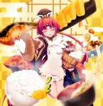  1girl akina_t apron benienma_(fate/grand_order) bowl closed_eyes fate/grand_order fate_(series) food highres low_ponytail meat miso_soup ohitsu omelet rice rice_bowl rice_spoon smile tamagoyaki vegetable wide_sleeves 