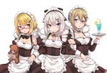  3girls 9a-91_(girls_frontline) ahoge ak-74u_(girls_frontline) alternate_costume apron as_val_(girls_frontline) bangs blonde_hair blue_eyes blush breasts brown_dress corset cowboy_shot dress eyebrows_visible_through_hair frills girls_frontline glasses hair_between_eyes hair_ornament hairclip highres holding holding_tray ivan_wang locked_arms long_hair long_sleeves looking_at_viewer maid maid_headdress medium_breasts multiple_girls open_mouth ponytail red-framed_eyewear short_hair sidelocks silver_hair smile star star_hair_ornament stuffed_toy tray very_long_hair 