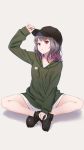  1girl bare_legs baseball_cap black_footwear black_hat black_legwear boots collarbone drawstring dress full_body gradient_hair green_hoodie grey_background grey_hair hand_on_headwear hand_up hat highres hood hood_down hyuuga_azuri indian_style long_hair long_sleeves looking_at_viewer multicolored_hair original parted_lips purple_hair shadow simple_background sitting sleeves_past_wrists socks solo violet_eyes white_dress 