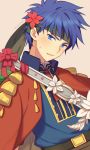  1boy alternate_costume blue_eyes blue_hair blush cape fire_emblem fire_emblem:_souen_no_kiseki fire_emblem_heroes flower gloves headband ike intelligent_systems jacket male_focus nintendo short_hair simple_background solo sword valentine weapon wusagi2 