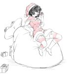  1girl alternate_costume artist_request black_hair breasts candy candy_cane food full_body gift hair_over_one_eye highres nazo_no_kanojo_x saliva santa_costume short_hair solo thigh-highs urabe_mikoto 