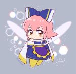  1girl blue_bow blush blush_stickers bow cape chousen_yuuki cosplay dress eyebrows_visible_through_hair fairy fairy_wings finger_to_mouth grey_background hair_bow hexagon kirby_(series) large_bow looking_to_the_side magolor magolor_(cosplay) nintendo pink_hair ribbon ribbon_(kirby) short_hair signature simple_background solo wings yellow_eyes yellow_footwear 