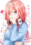  1girl bangs blue_cardigan blue_eyes blush breasts cardigan closed_mouth covering_mouth go-toubun_no_hanayome hair_between_eyes hand_over_own_mouth headphones headphones_around_neck long_hair long_sleeves looking_at_viewer looking_to_the_side medium_breasts nakano_miku pink_hair shirt solo sunhyun upper_body white_shirt 