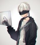  1boy arm_up artist_name bangs black_blindfold black_choker black_dress black_gloves black_hairband black_jacket blindfold breasts choker closed_mouth dress gloves grey_background grey_hair hairband hood hooded_jacket jacket jewelry juliet_sleeves long_sleeves male_focus medium_breasts mellow_rag nier_(series) nier_automata open_clothes open_jacket pendant puffy_sleeves short_hair signature smile solo swept_bangs yorha_no._2_type_b yorha_no._9_type_s 