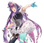  1girl :d bangs black_footwear blue_gloves blue_legwear boots corset floating_hair gloves half_gloves highlights highres layered_skirt long_hair looking_at_viewer macross macross_delta mikumo_guynemer miniskirt multicolored_hair open_mouth outstretched_arms purple_hair red_eyes shiny shiny_clothes short_sleeves simple_background single_boot single_leg_pantyhose skirt smile solo standing thigh-highs thigh_boots very_long_hair white_background white_skirt wrist_cuffs yokuni_(yokunill001121) 