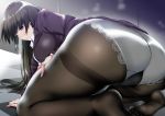  1girl ass bangs black_hair black_legwear blue_eyes blush breasts checkered checkered_floor collared_shirt dress_shirt eyebrows_visible_through_hair kneeling long_hair nonohachi office_lady original panties panties_over_pantyhose pantyhose shirt solo thighband_pantyhose tile_floor tiles underwear white_panties white_shirt 