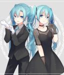  2girls adjusting_clothes adjusting_gloves aqua_eyes aqua_hair black_dress collar commentary dress dual_persona formal gloves hair_ribbon hand_up hands_up hatsune_miku jewelry kuroi_(liar-player) lace_sleeves long_hair looking_at_viewer multiple_girls necktie pant_suit pants pendant ribbon side-by-side smile suit tuxedo twintails twitter_username upper_body very_long_hair vocaloid 