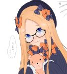  1girl abigail_williams_(fate/grand_order) atsumisu bangs bespectacled black-framed_eyewear black_bow black_dress black_hat blonde_hair blue_eyes blush bow closed_mouth dress eyebrows_visible_through_hair fate/grand_order fate_(series) forehead glasses hair_bow hands_up hat head_tilt highres holding holding_stuffed_animal long_hair long_sleeves looking_at_viewer orange_bow parted_bangs polka_dot polka_dot_bow simple_background sleeves_past_fingers sleeves_past_wrists solo stuffed_animal stuffed_toy teddy_bear translation_request upper_body very_long_hair wavy_mouth white_background 