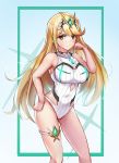  1girl absurdres bangs bare_shoulders blonde_hair blush breasts earrings gem hair_ornament headpiece highres mythra_(xenoblade) jewelry kiiro_kimi large_breasts long_hair looking_at_viewer nintendo pose solo swept_bangs swimsuit tiara very_long_hair white_swimsuit xenoblade xenoblade_(series) xenoblade_2 yellow_eyes 