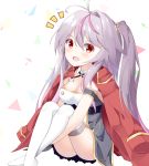  1girl :d absurdres antenna_hair azur_lane bangs blush breasts cleavage collar commentary_request crossed_ankles detached_collar dress eyebrows_visible_through_hair grenville_(azur_lane) grey_dress grey_hair hair_between_eyes hair_ornament highres jacket jacket_on_shoulders looking_at_viewer medium_breasts multicolored_hair no_shoes notice_lines one_side_up open_mouth purple_hair red_eyes red_jacket roido_(taniko-t-1218) smile solo strapless strapless_dress streaked_hair thigh-highs white_collar white_legwear wing_collar 