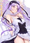  1girl armlet bangs bare_shoulders blush breasts choker collarbone dress euryale eyebrows_visible_through_hair fate/grand_order fate_(series) groin hairband headdress jewelry lolita_hairband long_hair looking_at_viewer necklace panties purple_hair pursed_lips sidelocks solo twintails underwear very_long_hair violet_eyes white_dress white_panties yamaishi_(mukoubuti) 