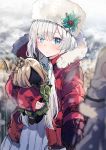  1girl anastasia_(fate/grand_order) blue_eyes blurry blurry_foreground blush choker christmas closed_mouth coat cowboy_shot depth_of_field doll doll_hug down_jacket dress fate/grand_order fate_(series) fur-trimmed_jacket fur_hat fur_trim hair_over_one_eye hat highres holly ikeuchi_tanuma jacket long_bangs long_hair long_sleeves open_clothes open_coat red_coat shvibzik_snow silver_hair sleeves_past_wrists snow standing white_dress 