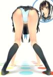  1girl all_fours black_hair black_legwear black_sailor_collar black_skirt blue_neckwear blue_panties blue_ribbon eyebrows_visible_through_hair floating_hair from_behind full_body grey_eyes hair_ribbon highres kneehighs long_hair looking_at_viewer miniskirt murakami_suigun original panties pleated_skirt ribbon sailor_collar school_uniform serafuku simple_background skirt smile solo twister underwear white_background 