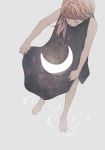  1girl barefoot black_dress brown_hair commentary crescent_moon cynthia_tedy dress english_commentary from_above holding_dress long_hair moon muted_color original signature sky sleeveless sleeveless_dress solo star_(sky) starry_sky 