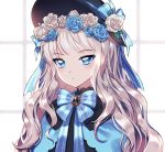 1girl bangs black_hat blue_bow blue_capelet blue_eyes blue_flower blue_rose bow brooch capelet closed_mouth eyebrows_visible_through_hair flower grey_hair hair_flower hair_ornament hat hat_bow hat_flower jewelry long_hair looking_at_viewer mechuragi original rose solo striped striped_bow upper_body wavy_hair white_flower white_rose 