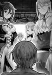  2girls 3boys :o ascot backlighting bangs blunt_bangs breasts cleavage collarbone crown eyebrows_visible_through_hair fuji_choko greyscale hair_between_eyes hand_on_hip highres kenja_no_deshi_wo_nanoru_kenja long_hair long_sleeves looking_down medium_breasts midriff monochrome multiple_boys multiple_girls navel novel_illustration official_art pants pointy_ears standing stomach 