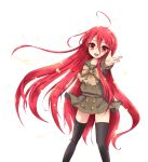  1girl :d ahoge alastor_(shakugan_no_shana) black_legwear bow collarbone floating_hair grey_bow grey_neckwear hair_between_eyes jewelry long_hair looking_at_viewer miniskirt necklace open_mouth ortensia_ix pleated_skirt red_eyes redhead school_uniform shakugan_no_shana shana shiny shiny_clothes shiny_hair shirt short_sleeves simple_background skirt smile solo standing thigh-highs very_long_hair white_background zettai_ryouiki 