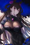  1girl amethyst_(gemstone) bangs black_dress black_hair breasts brown_hair double_bun dress eyebrows_visible_through_hair fate/grand_order fate_(series) frills hair_between_eyes hair_ornament highres large_breasts light_particles long_hair long_sleeves looking_at_viewer murasaki_shikibu_(fate) parted_lips puffy_sleeves rin_yuu sidelocks sleeves_past_wrists solo two_side_up umbrella very_long_hair violet_eyes 