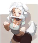  1girl animal_ears black_shorts blue_eyes bone breasts cleavage collar collarbone dog dog_ears dog_girl dog_tail grey_shirt highres long_hair looking_at_viewer midriff mouth_hold original shadow shirt short_sleeves shorts solo tail topdylan white_hair 