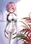  1girl absurdres ayanami_rei ayanami_rei_(cosplay) black-framed_eyewear blurry blurry_foreground blush bodysuit breasts cosplay depth_of_field eyes_visible_through_hair fate/grand_order fate_(series) glasses hair_over_one_eye highres impossible_clothes indoors kotatsu_(kotatsu358) large_breasts looking_at_viewer mash_kyrielight neon_genesis_evangelion number pilot_suit pink_hair plugsuit scan see-through_silhouette short_hair skin_tight solo turtleneck violet_eyes white_bodysuit 