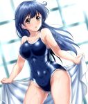  1girl ahoge black_hair blue_swimsuit breasts brown_eyes collarbone competition_school_swimsuit covered_navel cowboy_shot dutch_angle kantai_collection large_breasts light_rays long_hair school_swimsuit shiny shiny_clothes solo sunbeam sunlight swimsuit towel ushio_(kantai_collection) wet wet_clothes wet_swimsuit white_towel zanntetu 