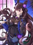  1girl bag bangs black_dress breasts brown_hair double_bun dress fate/grand_order fate_(series) frills hair_between_eyes hair_ornament hand_on_own_chin handbag highres ikomochi large_breasts long_hair long_sleeves looking_at_viewer murasaki_shikibu_(fate) puffy_sleeves ribbed_dress solo umbrella very_long_hair violet_eyes wide_sleeves 