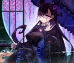  1girl arm_up bangs black_dress breasts brown_hair double_bun dress fate/grand_order fate_(series) flower frilled_dress frilled_shirt_collar frills gem glasses hair_between_eyes hair_ornament highres holding holding_umbrella large_breasts long_hair long_sleeves murasaki_shikibu_(fate) puffy_sleeves round_window sanshouuo serious sleeves_past_wrists solo two_side_up umbrella very_long_hair violet_eyes window wisteria 