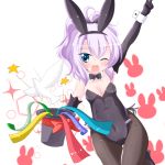  1girl ;d ahoge animal animal_ears arm_up azur_lane bangs bare_shoulders bird black_footwear black_gloves black_hairband black_hat black_leotard black_ribbon blush breasts brown_legwear bunny_girl bunnysuit collarbone commentary_request dove elbow_gloves eyebrows_visible_through_hair fake_animal_ears gloves hair_between_eyes hair_ribbon hairband hat hat_removed headwear_removed high_heels holding holding_hat javelin_(azur_lane) kanijiru leotard medium_breasts one_eye_closed open_mouth pantyhose ponytail purple_hair rabbit_ears ribbon shoes smile solo star strapless strapless_leotard top_hat wrist_cuffs 