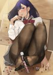  1girl bangs blush bow bowtie breasts brown_legwear candy chocolate collared_shirt desk eyebrows_visible_through_hair feet finger_to_mouth food foot_hold from_above hand_to_own_mouth highres legs_folded legs_up long_hair looking_at_viewer lying medium_breasts mole mole_under_eye no_shoes on_back on_desk original pantyhose parted_lips purple_hair red_neckwear school_desk shirt smile solo spill thighband_pantyhose toes unbuttoned_sleeves violet_eyes white_shirt yomu_(sgt_epper) 