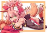  1girl absurdres animal_ear_fluff animal_ears bell bell_collar black_legwear breasts cat_paws cleavage collar collarbone fangs fate/grand_order fate_(series) fox_ears fox_girl fox_tail gloves hair_ribbon highres japanese_clothes jingle_bell kimono large_breasts long_hair looking_at_viewer lying on_stomach open_mouth paw_gloves paw_shoes paws pink_hair ponytail red_kimono red_ribbon ribbon shoes solo suzumekasa tail tamamo_(fate)_(all) tamamo_cat_(fate) yellow_eyes 