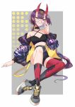  1girl absurdres asymmetrical_legwear bare_shoulders black_shorts breasts character_name choker cleavage collar collarbone fate/grand_order fate_(series) full_body glasses grey_footwear halterneck high-waist_shorts highres horns long_sleeves purple_hair red_legwear round_eyewear shoes short_hair short_shorts shorts shuten_douji_(fate/grand_order) single_thighhigh small_breasts smile sneakers solo thigh-highs tsubasa19900920 violet_eyes 