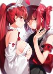  2girls :q animal_ears armband bangs bare_shoulders beatmania beatmania_iidx blush breasts detached_sleeves fake_animal_ears frilled hair_ornament hairband hand_on_own_chest hat highres holding holding_syringe konoha_(sound_voltex) long_hair looking_at_viewer multiple_girls nontraditional_miko nurse_cap obi orihi_chihiro parted_lips rabbit_ears red_eyes redhead ribbon sash sidelocks sleeveless smile sound_voltex syringe tongue tongue_out twintails two_side_up umegiri_ameto upper_body very_long_hair 