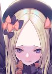  1girl abigail_williams_(fate/grand_order) black_bow black_hat blonde_hair blue_eyes blush bow commentary_request everfornever eyebrows eyelashes fate/grand_order fate_(series) forehead hair_bow hat long_sleeves looking_at_viewer orange_bow polka_dot polka_dot_bow pov_facial solo tears 