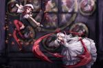  2girls arrow black_dress bow bow_(weapon) bowtie brown_hair capelet commentary_request dress fennel_(momodora) fighting frilled_hairband frills hairband hood hooded_capelet kaho_(momodora) leaf long_hair looking_at_another maple_leaf momodora:_reverie_under_the_moonlight motion_blur multiple_girls ray-k red_eyes red_legwear short_hair signature sword thigh-highs uneven_eyes weapon white_capelet white_dress white_hair 