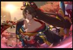  1girl bad_girl bangs black_border border breasts brown_hair cleavage hair_ribbon long_hair looking_at_viewer onmyoji orange_eyes ribbon youtouhime zt_eighteen 