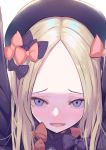  1girl abigail_williams_(fate/grand_order) black_bow blonde_hair blue_eyes blush bow everfornever eyebrows eyelashes fate/grand_order fate_(series) forehead hair_bow hat long_sleeves looking_at_viewer multiple_bows open_mouth orange_bow polka_dot polka_dot_bow solo 