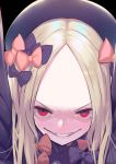  1girl abigail_williams_(fate/grand_order) black_bow black_hat blonde_hair blush bow everfornever evil_grin evil_smile eyebrows eyelashes fate/grand_order fate_(series) forehead grin hair_bow hat long_sleeves looking_at_viewer multiple_bows open_mouth orange_bow polka_dot polka_dot_bow red_eyes smile solo tears 